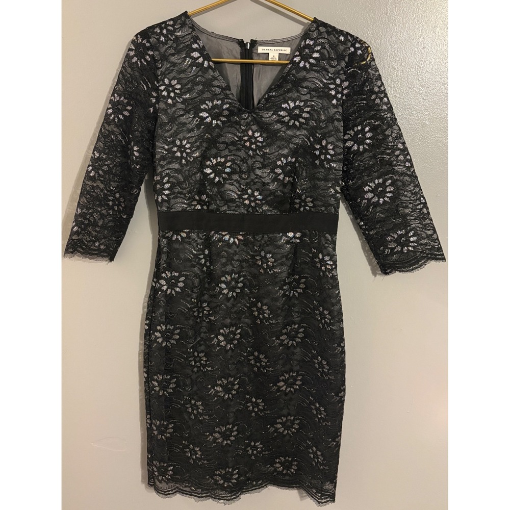 Banana Republic Black Silver Metallic Floral Lace V-Neck Sheath Dress Size 4